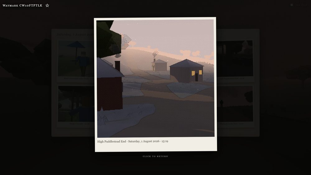 A single photograph of a snowy village at dusk