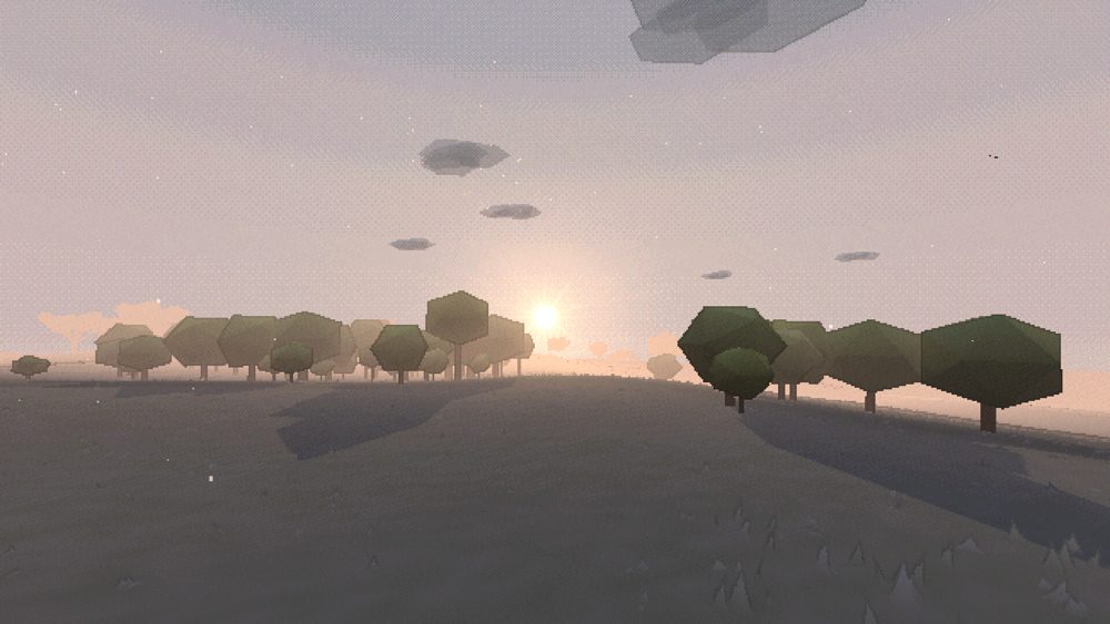 Misty sunrise over a line of trees